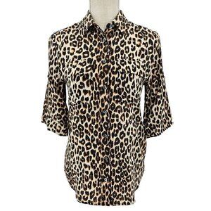 Equipment Short Sleeve Slim Signature Silk Shirt Leopard Print Womens XXS Preppy